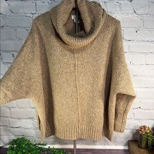 Kaisley (Anthropologie) Cozy Tan Tunnel Neck Sweater Doleman Sleeves split sides